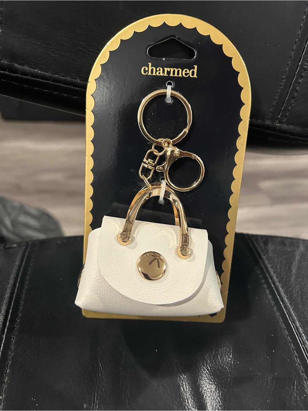 White Mini Purse Keychain - Gold Hardware